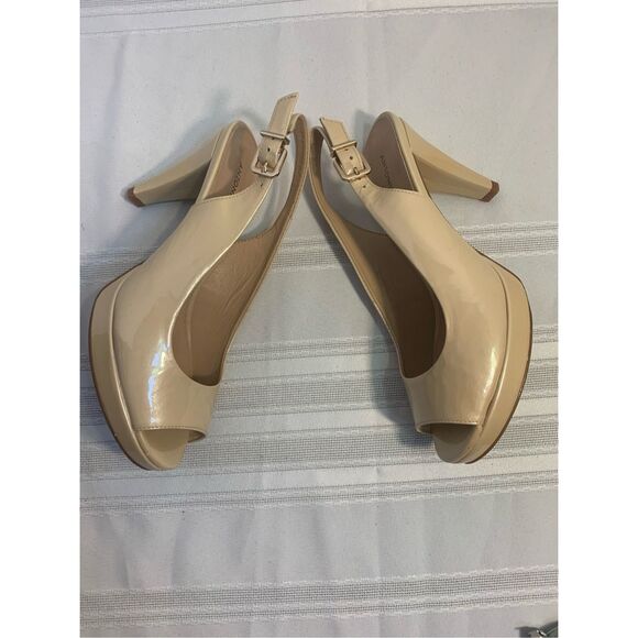 ANTONIO MELANI SLINGBACK PUMP OFFICE SIREN NUDE LEATHER PEEP TOE PLATFORM SZ 7.5 - Picture 9 of 12